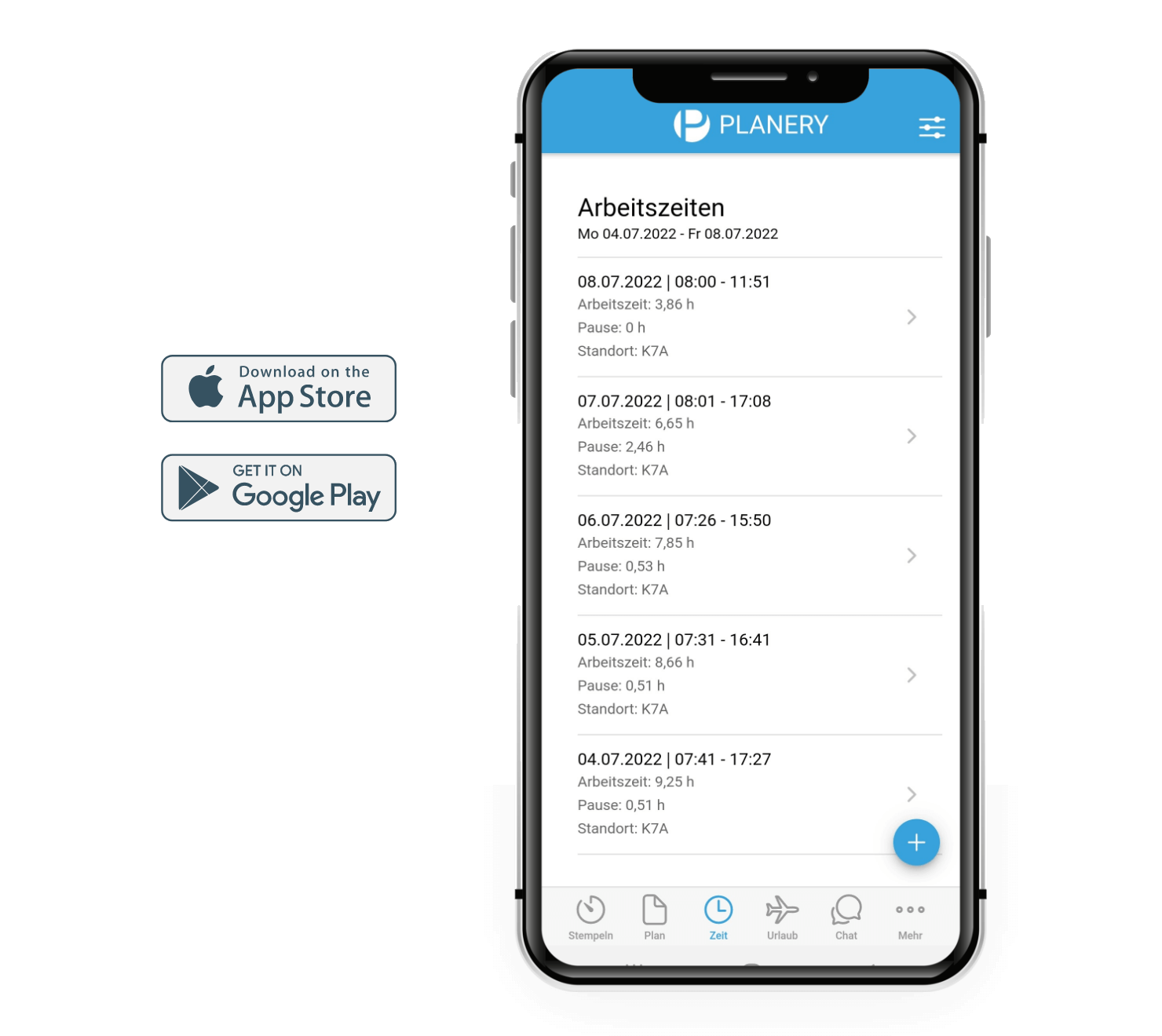In der Planery App sieht man die Arbeitszeiten übersichtlich aufbereitet.